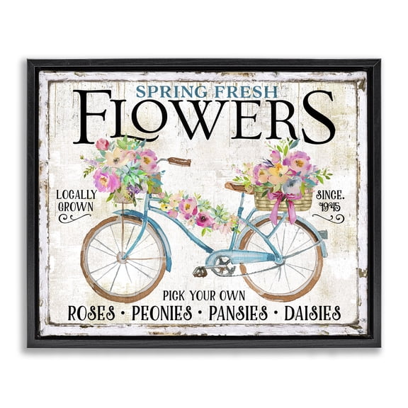 Stupell Industries Spring Fresh Flowers & Bike Transportation Painting Black Floater Framed Canvas Art Print Wall Art, 21 x 17