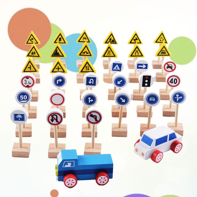 BESTYASH Childrens Safe Traffic Learning Toys 35Pcs Wood Road Construction Signs Playset