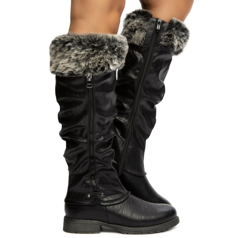 Women'S Faux Fur Knee High Boot Vegan Leather Cold Weather Boots Black -  Walmart.Com