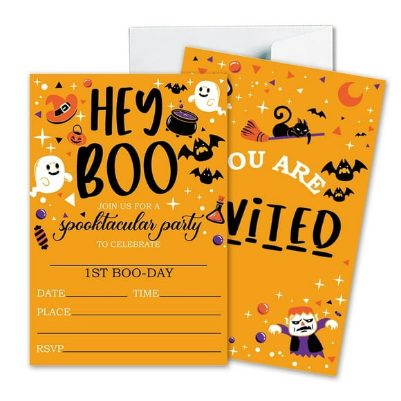 Spooktacular Fill-in Invitations Set - 25 Fun Cards with Envelopes for Halloween Parties, Birthdays, and Trick or Treat Celebrations Featuring Pumpkins, Ghosts, and Monsters