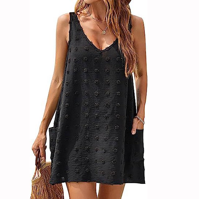 Fankiway Robe d'Été à Bretelles pour Femmes Robe de Plage Bord de Mer Poche en V Jupe en Peluche Robes de Plage pour Femmes Grande Taille Robes pour Femmes