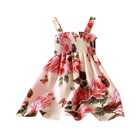 

CLZOUD Little Girls Party Dresses Red Cotton Girls Summer Floral Suspender Dress A Swing Hit Lap Length Casual Out for 0 To 7 Years 140