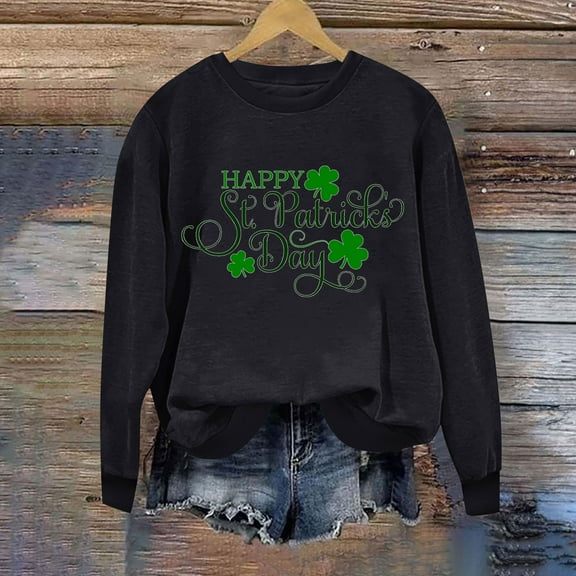 BLTIBY 2025 St Patricks Day Sweatshirt for Women Fall Spring Lucky Printed Long Sleeve Round Neck Fashion Causal Pullover Tops Black XXL