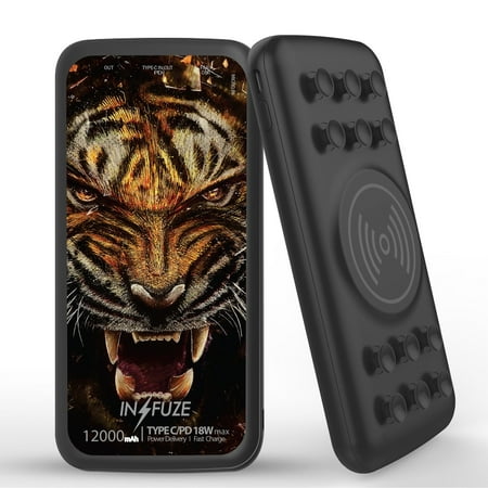 

INFUZE Qi Wireless Portable Charger for Samsung Galaxy A12 External Battery (12000 mAh 18W Power Delivery USB-C/USB-A 3.0 Ports Suction Cups) with Touch Tool - Fierce Tiger
