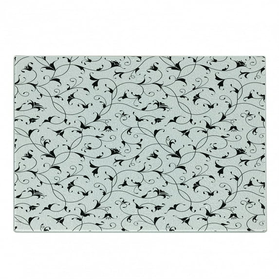 Floral Cutting Board, Monochrome Oriental Inspired Leaf Designs with Various Shapes with Swirls and Lines, Decorative Tempered Glass Cutting and Serving Board, Small Size, Black White, by Ambesonne