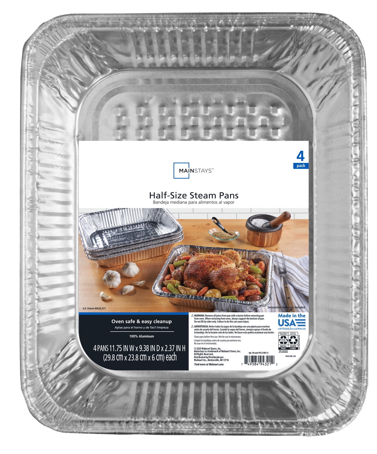 Mainstays Aluminum Half Steam Table Pans, Disposable, 12.75" x 10.38", 4 Count
