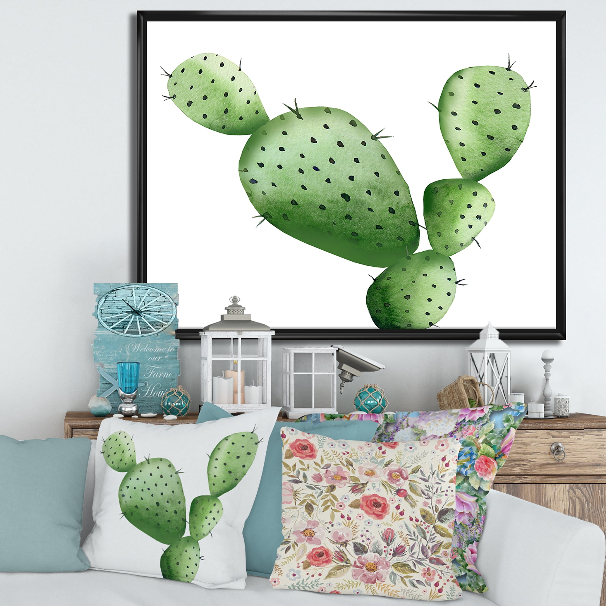 Designart 'Close Up Green Southwestern Cactus' Tropical Framed Canvas Wall Art Print