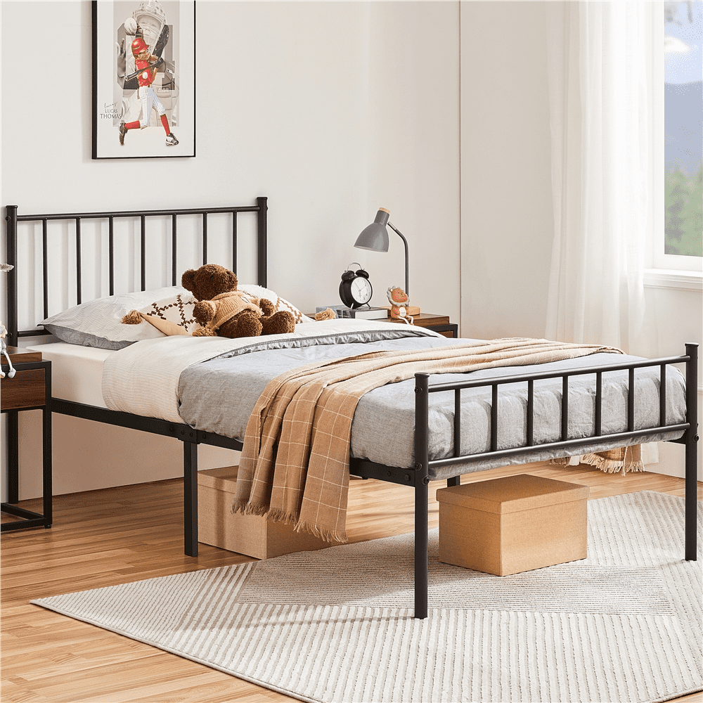Renwick Metal Platform Bed with Spindle Headboard and Footboard, Adult, Twin Size, Black