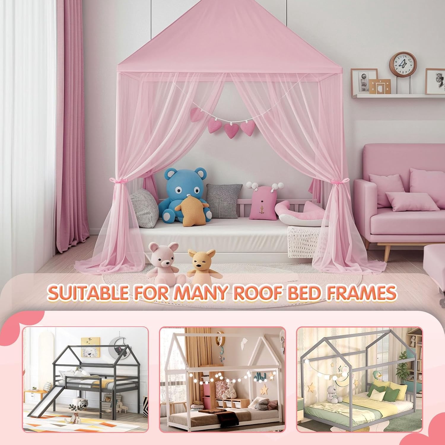 Princess Bed Canopy for Girls - Pink Bed Canopy Princess Castle Dreamy Playhouse Mosquito Net Reading Nook Canopies Play Tent Canopy Bed Curtains for Kids Room(Twin,Pink)