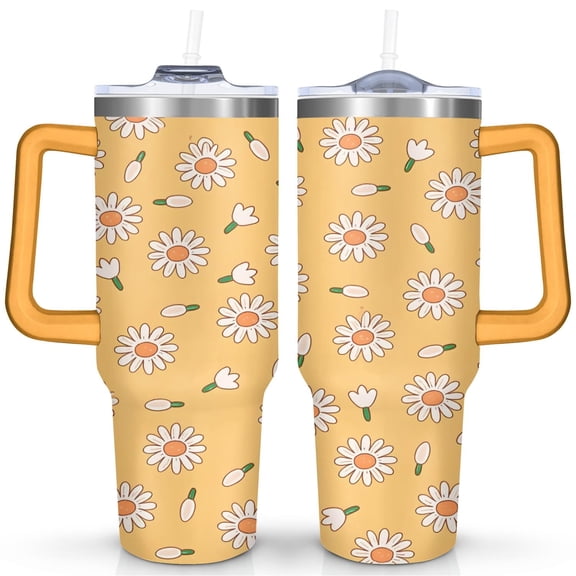 White Daisies 40 Oz Tumbler with Handle Lid and Straw, Stainless Steel Double Walled Vacuum Insulated Cup, Cute Anniversary Wedding Birthday Gifts Tumbler for Women Men Friends Outdoor Indoor