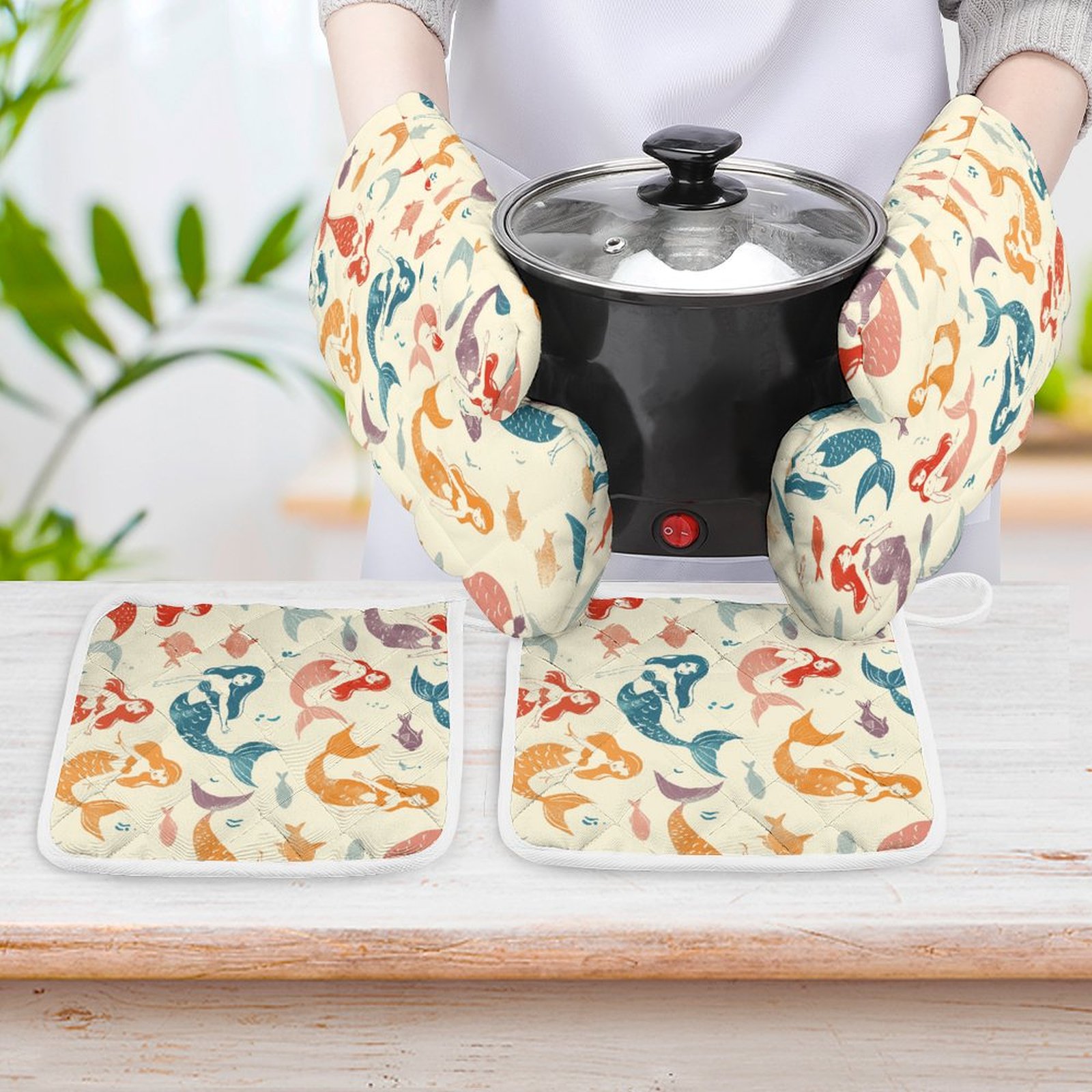 Ocean Cute Mermaid Oven Mitts And Pot Holders Sets of 4 Oven Gloves Set Potholders for Kitchen Cooking Baking Grilling Anti Scald Hot Pads And Heat Resistant