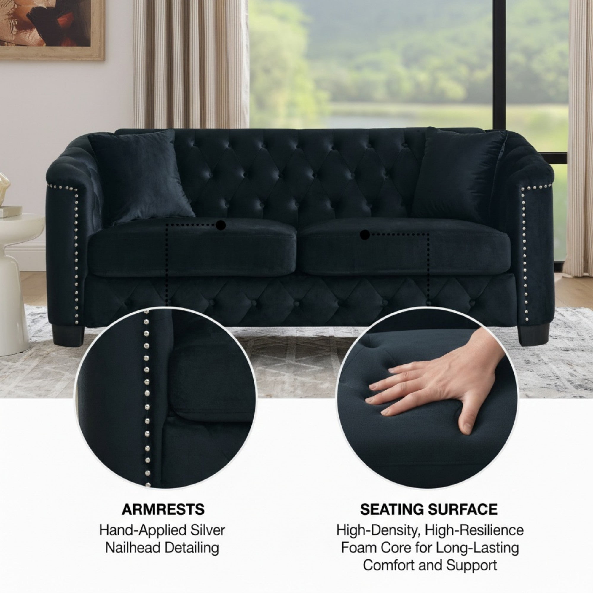 Sailvan 77" Modern Chesterfield Velvet Sofa, 3-Seater Tufted Upholstered Couch with Nailhead Trim & 2 Pillows for Living Room, Office Black