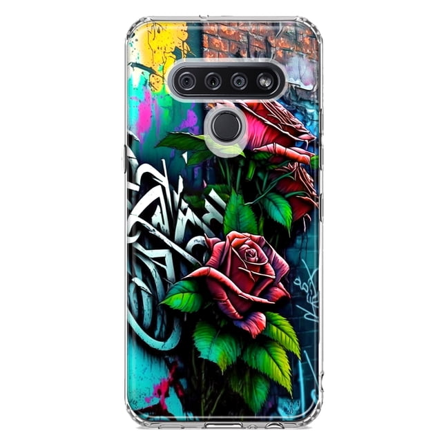 MUNDAZE LG K51 Étui de Téléphone Hybride Transparente Antichoc Peinture Roses Graffiti Rouge