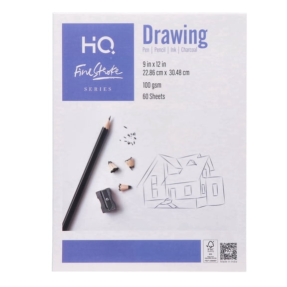 HQ Finestroke Drawing Pad, 9 x 12 Inches, 60 Sheets, 100 GSM Paper, Top Glued Sketch Pad with Flap Cover, JK Tuffcote Cover
