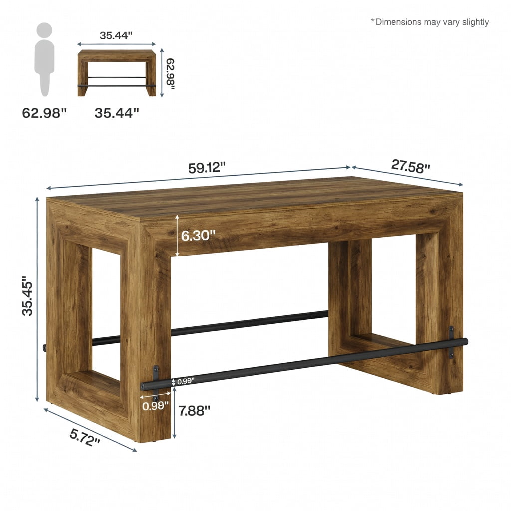 Hommoo 59 Inch Counter Height Bar Table with Metal Footrest, Modern Rectangular Pub Table for Dining Room, Kitchen Island, or Home Bar, Brown