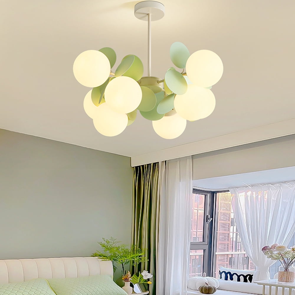 UEEYAC French Cream Style Living Room Glass Pendant Light Modern Green Bubble Chandelier