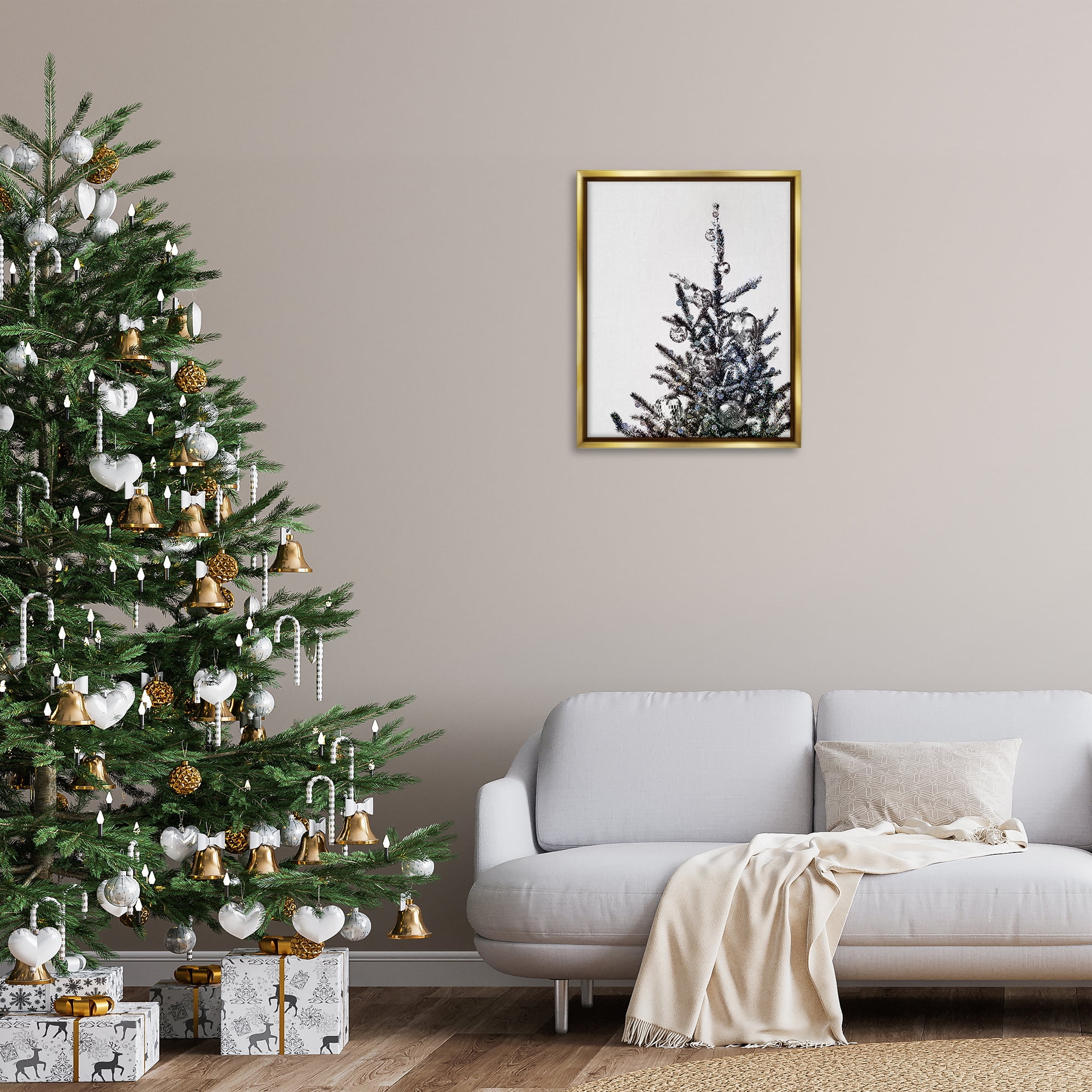 Stupell Industries Christmas Tree Disco Balls Holiday Painting Gold Floater Framed Art Print Wall Art, 25 x 31