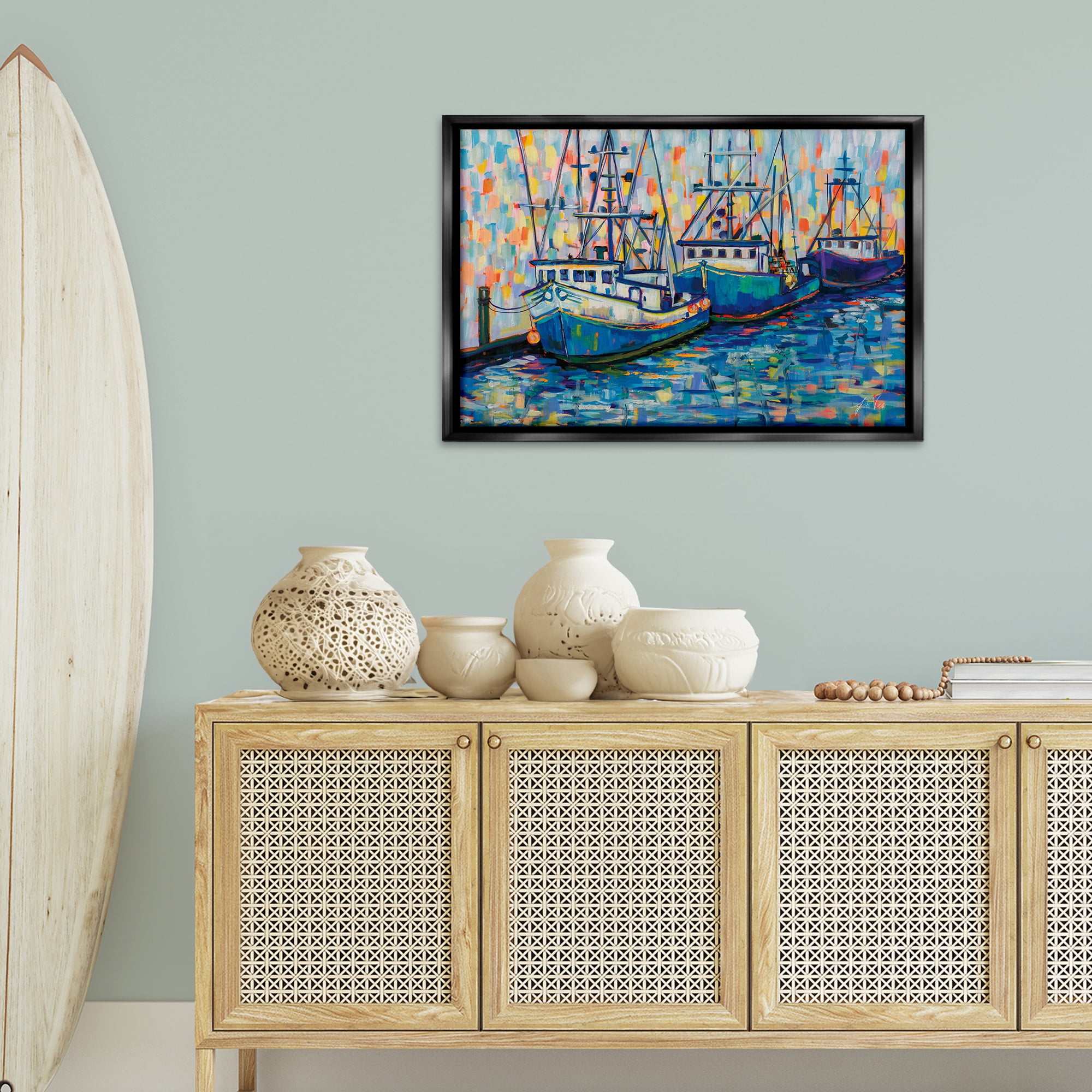 Stupell Industries Vivid Boats in Harbor Transportation Painting Black Floater Framed Canvas Art Print Wall Art, 31 x 21