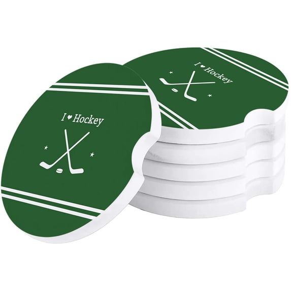 FMSHPON I Love Hockey Stripe Green Set of 2 Car Coaster for Drinks, Absorbent Ceramic Stone Coasters Cup Mat with Cork Base for Home Kitchen Room Coffee Table Bar Decor