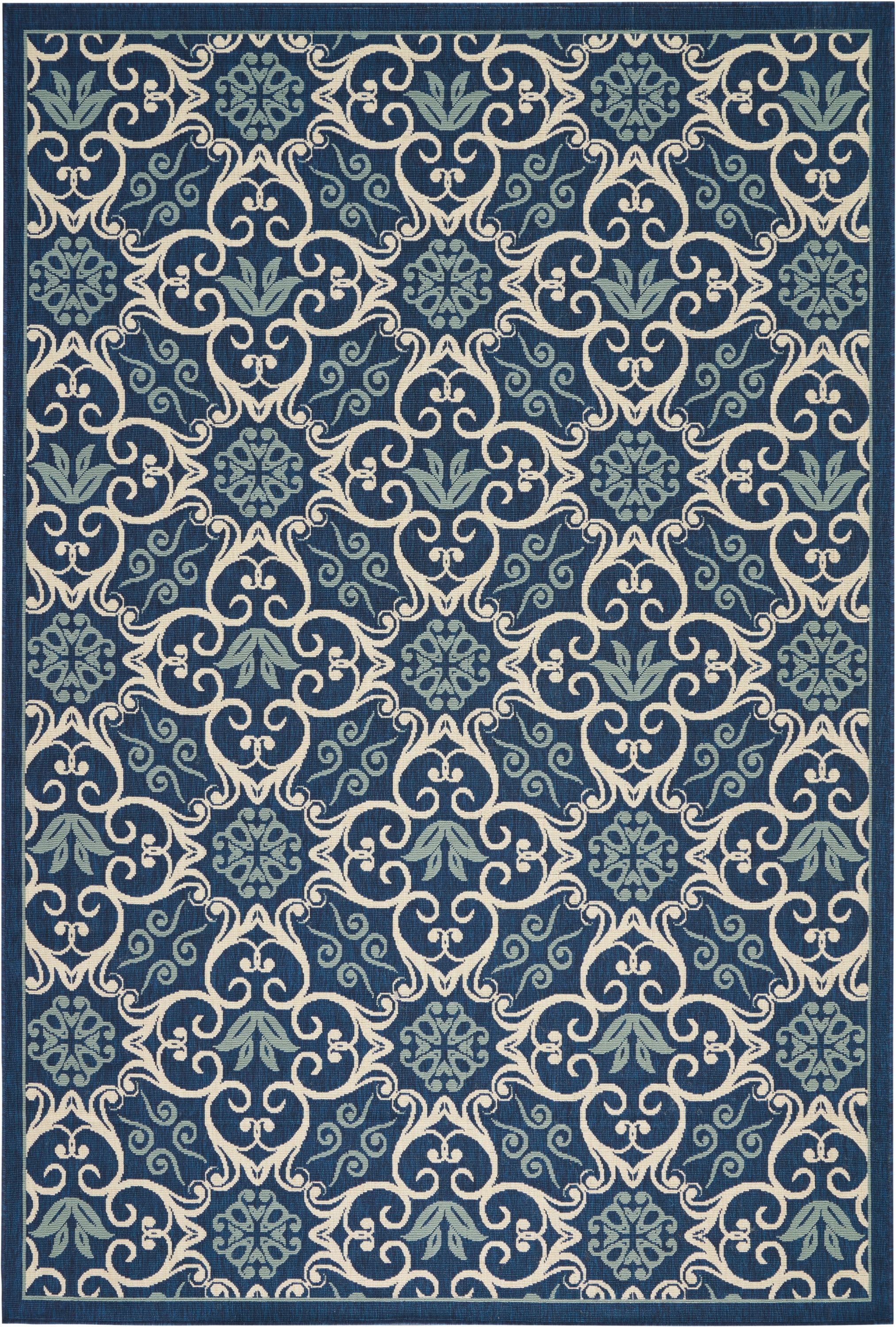 Nourison Caribbean Indoor/Outdoor Geometric Floral Navy 6'7" x 9'6" Area Rug, (7' X 10')