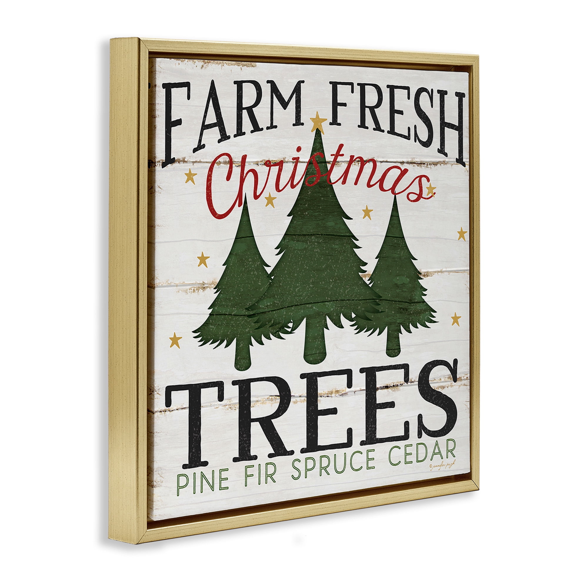 Stupell Industries Farm Fresh Christmas Trees Holiday Painting Gold Floater Framed Canvas Art Print Wall Art, 18 x 18