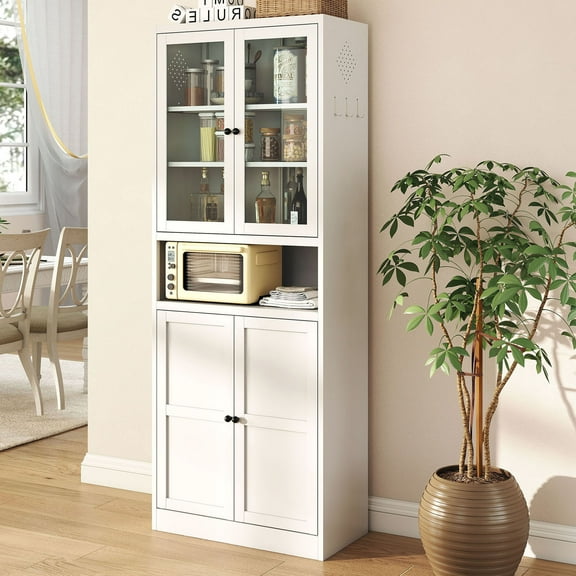 S-HOME Modern White Metal Pantry Cabinet 72 Inches High with Glass Doors Adjustable Shelves for Kitchen Storage Solutions