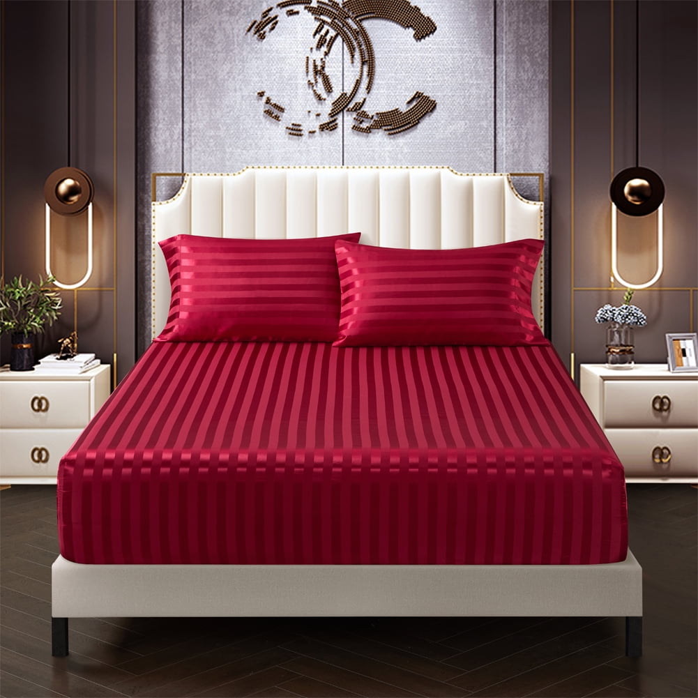 AiMay Italian Style  6 Piece Satin Bed Sheet Set Stripes Super Soft Deep Pocket 1800 Luxury Rich Silk 1 Flat Sheet 1 Fitted Sheet 4 Envelope Pillowcases Stain-Resistant Wrinkle Free (Queen, Burgundy)