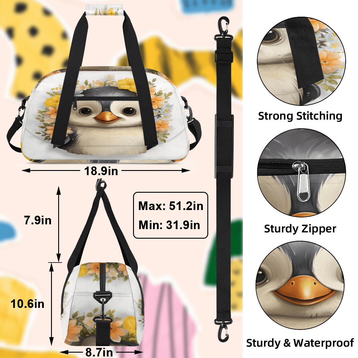Herdesigns Penguin Sports Duffle Bag for Women & Men, Penguin Gym Bag Dance Bag Overnight Bag Carry On Weekender Travel Bag