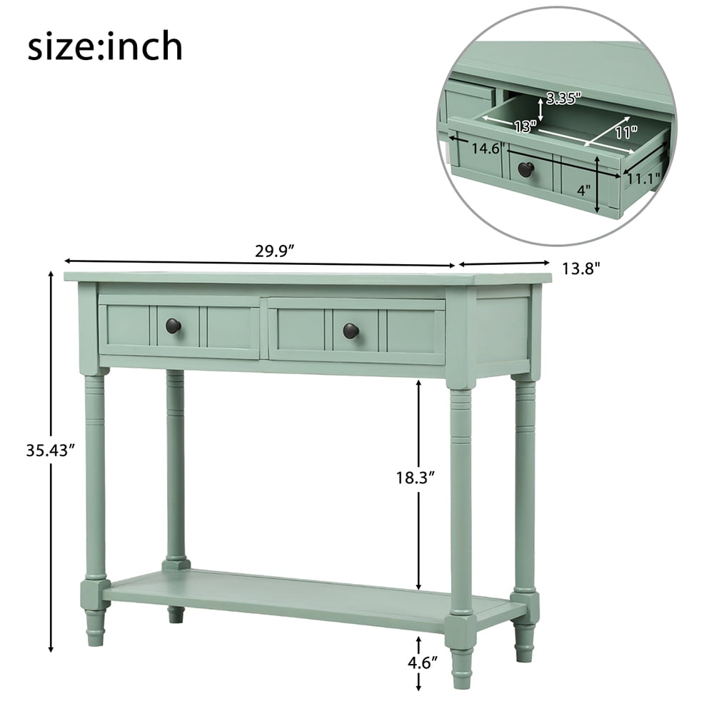 Kepooman Acacia Console Table with Two Drawers and Bottom Shelf, Traditional Design Sofa Side Table for Living Room Bedroom, Retro blue Kepooman Acacia Console Table with Two Drawers and Bottom Shelf, Traditional Design Sofa Side Table for Living Room Bedroom, Retro blue