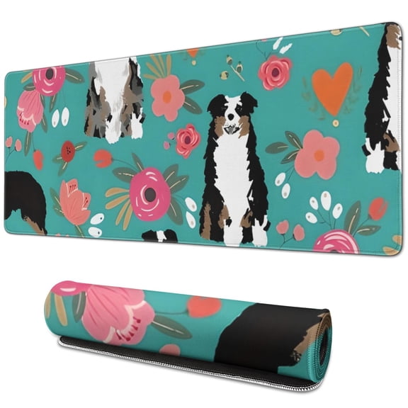 Long Mouse Pads for Desk,Australian Shepherd Pioneer Flower Desk Mats on Top Of Desks, Desk Mouse Pad Extra Large with 3mm Non-Slip Base and Stitched Edge for Gaming,Office,Work,Home 31.5"x11.8"