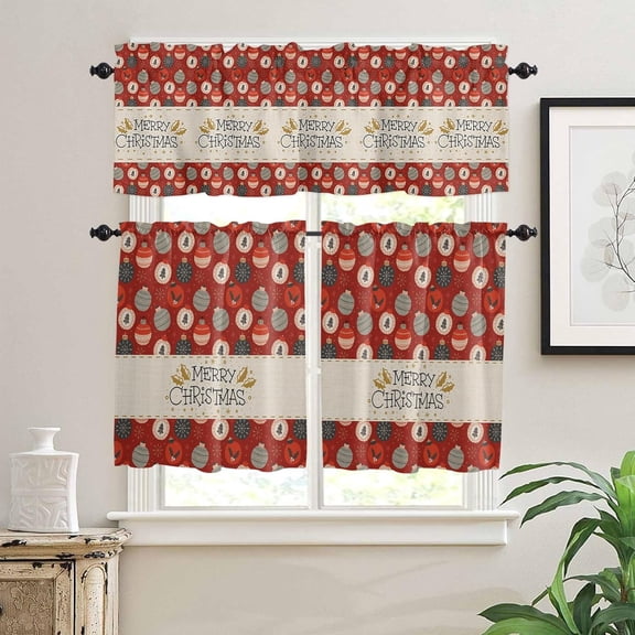 Merry Christmas Kitchen Window Curtain Set with Tiers and Valance, 3 Pieces Rod Pocket Valances Christmas Ball Snowflake Red Vintage Window Treatment Semi Sheer Kitchen Bedroom Decor (52"W x 18"L)