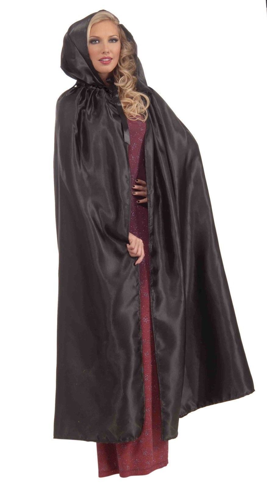 Fancy Masquerade Black Cape Satin Hooded Cloak Robe Adult Costume ...
