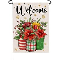 Welcome Christmas Poinsettia Small Decorative Garden Flag, Xmas Gift Holly Red Berry Flower Mason Jar Snowflake Yard Lawn Outside Decor, Winter Holiday Farmhouse Outdoor Home Decoration 12 x 18