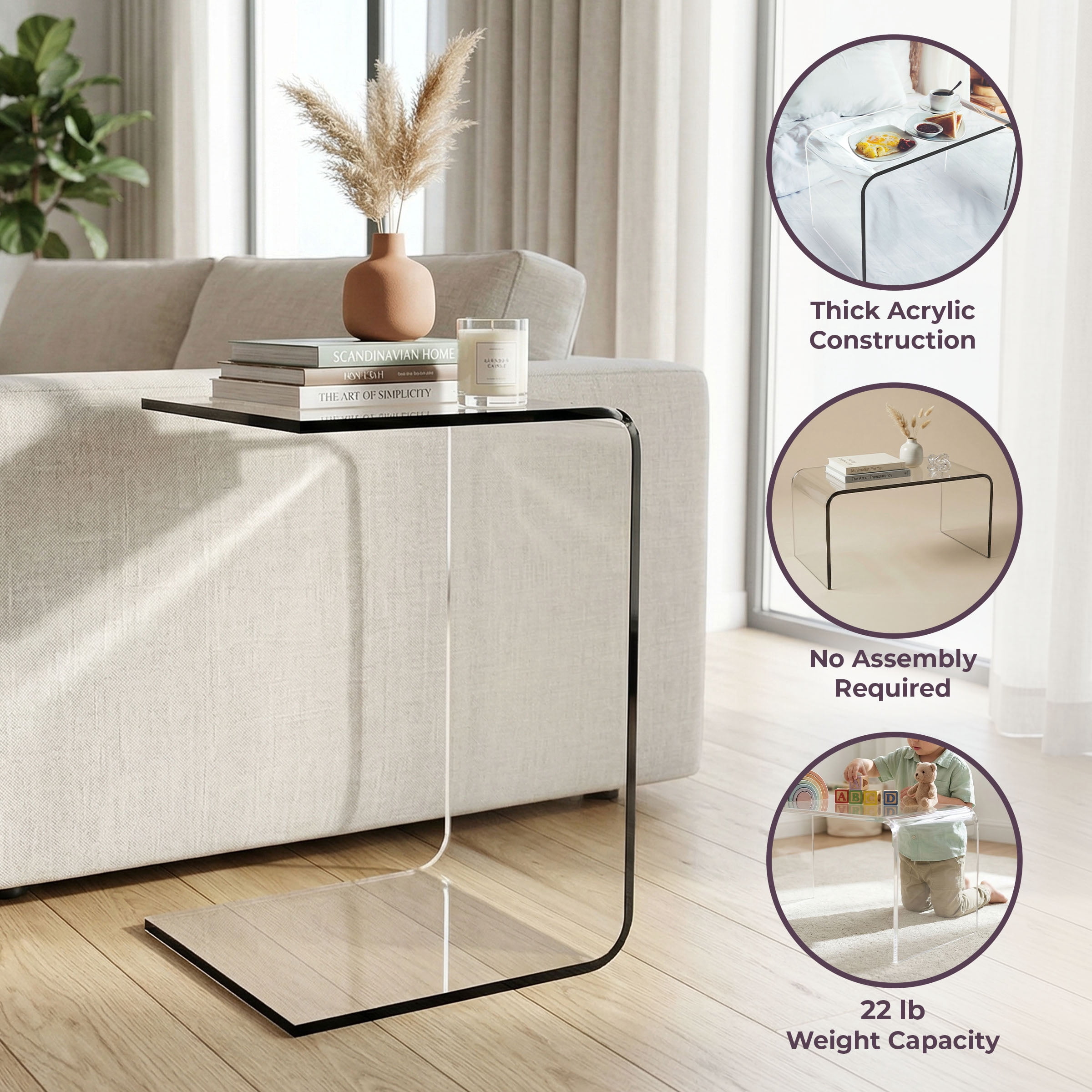 Lavish Home Acrylic Side Table, C-Shaped End Table, Laptop Lap Desk for Working, Writing, or Coloring, Modern Acrylic Furniture for Living Room, Bedroom, and Office