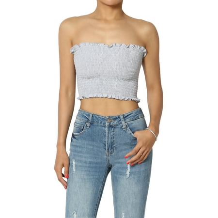

TheMogan Women s Strapless Frilled Trim Shirred Smock Crop Tube Top Stretch Bustier