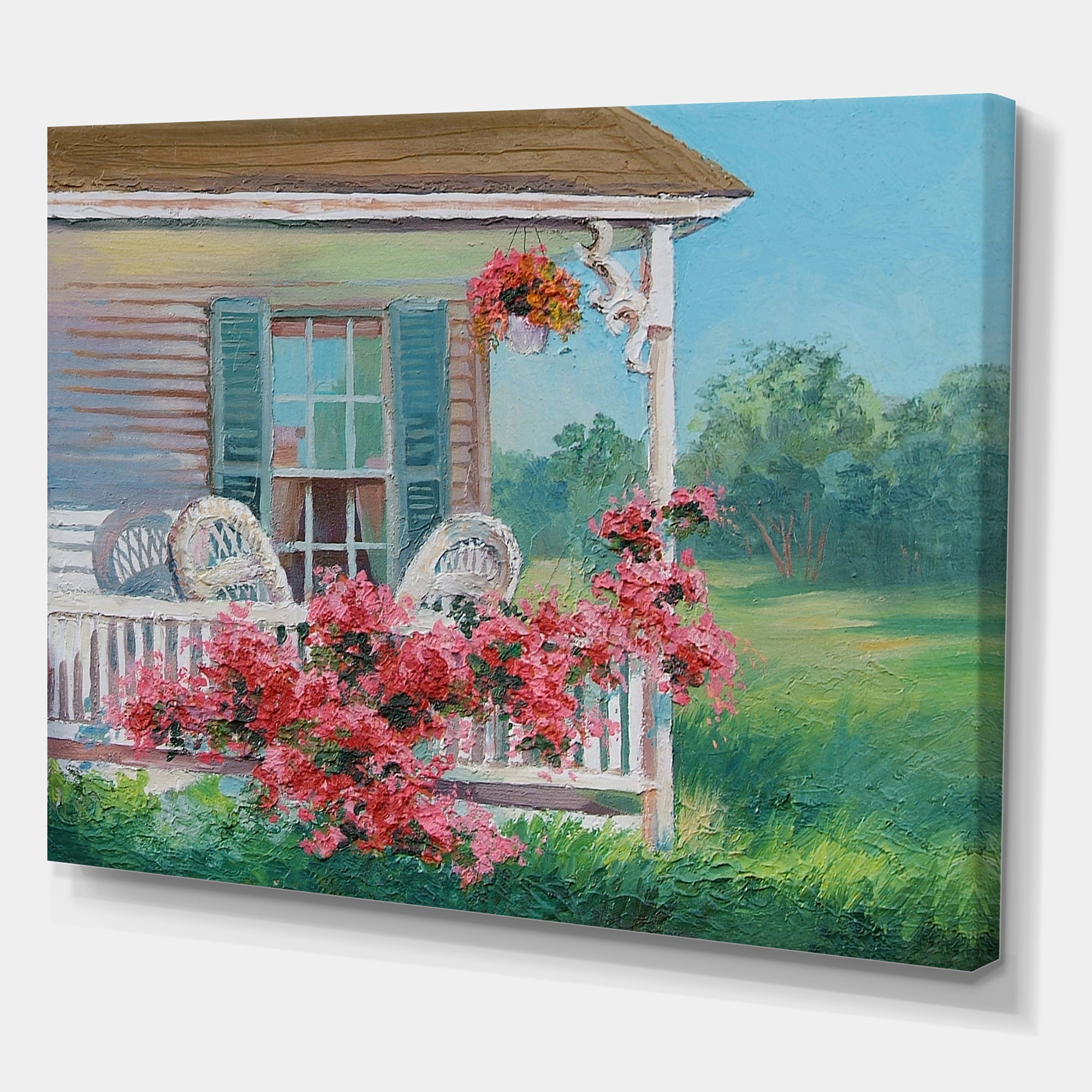Designart ' Patio & Blossiming Red Flowers With Wooden House ' Traditional Canvas Wall Art Print
