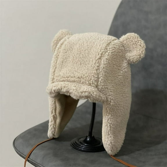 CoCopeanut 2021 New Winter Cute Bear Ears Warm Hat Windproof Cap Student Women Plus Cycling Cap Beanies for Girls Lamb Plush Cap