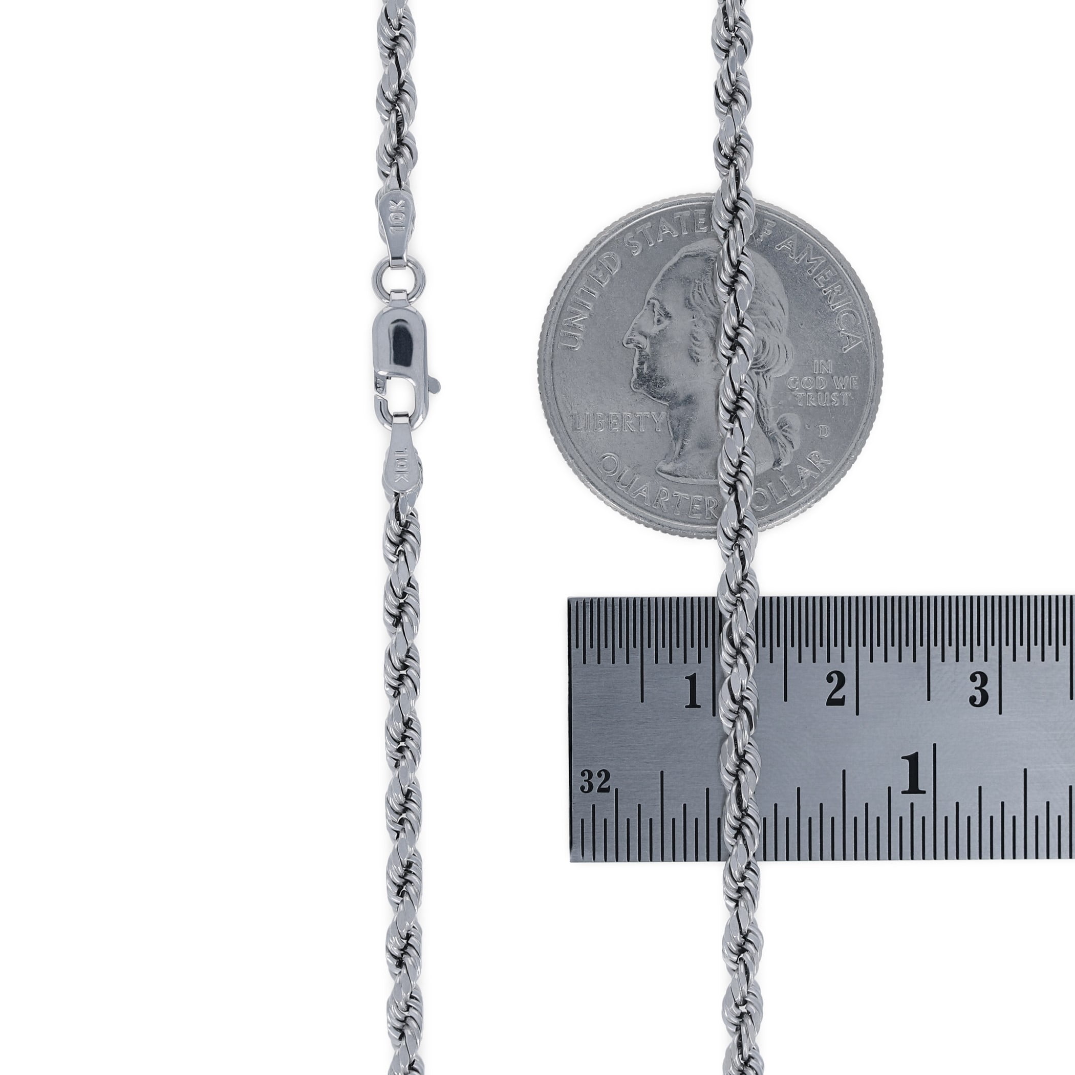 Nuragold 10k Real White Gold 3mm Rope Chain Diamond Cut Necklace (16"-30") Italian Jewelry for Men & Women