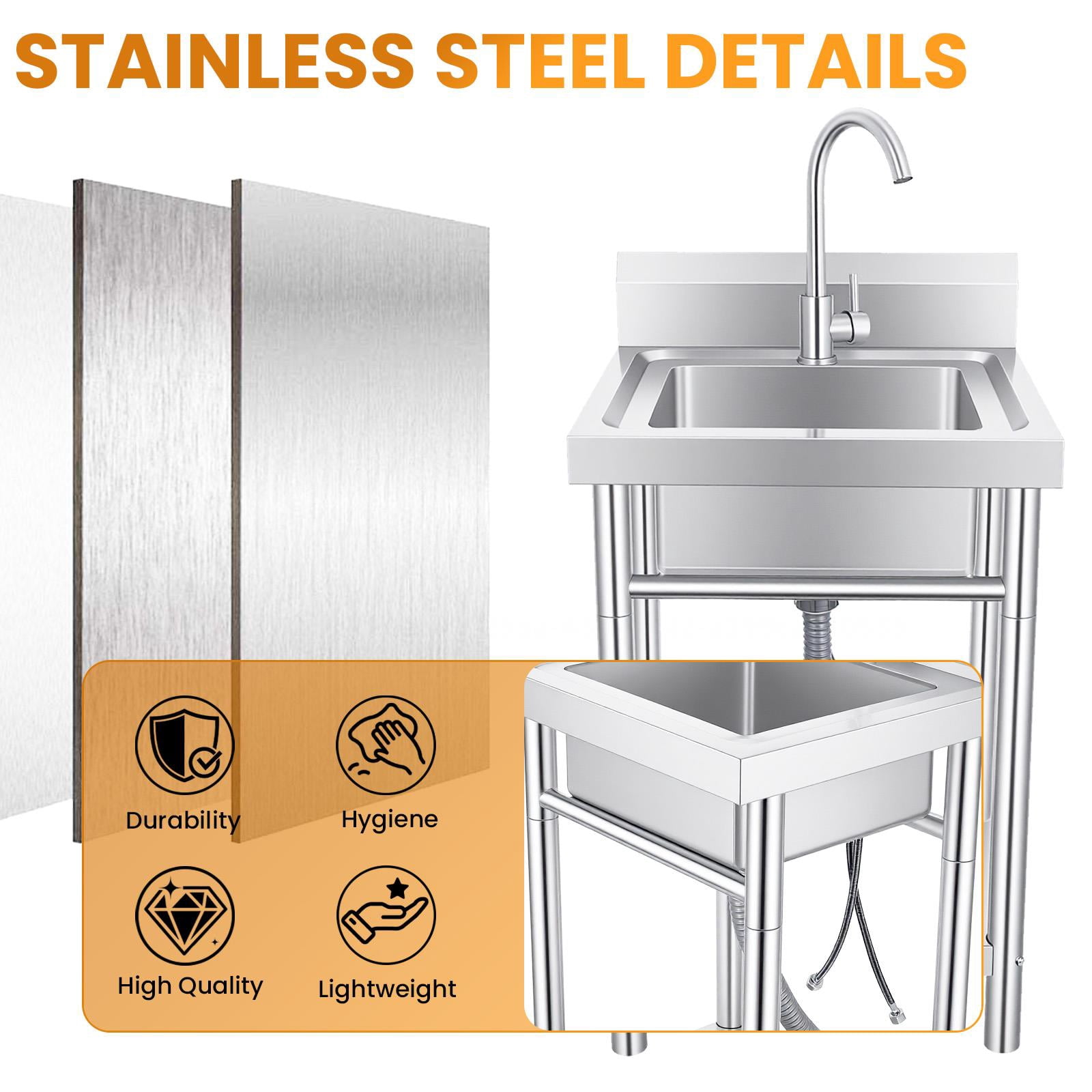 Stainless Steel Single Bowl Laundry Sink 4 Piece Set, 17.6 LBS Freestanding Utility Sink with Faucet & Drain, Silver Deep Basin Utility Tub for Home Laundry Room, Basement, Garage & Household Use