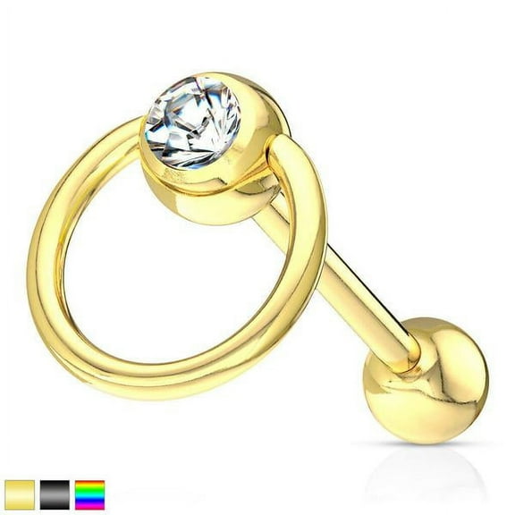 Door Knocker Tongue Ring 14G (1.6mm) Titanium With CZ Over Surgical Steel Nickel Free (Gold) (B/6/6)