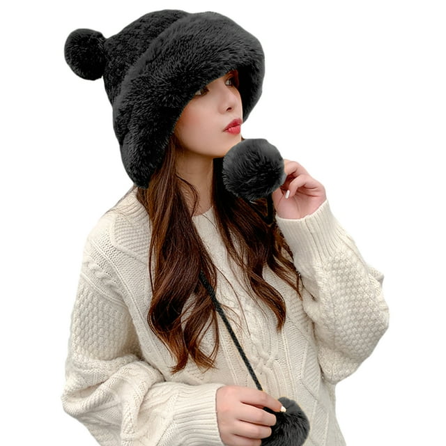 Gorro de punto de felpa con pompones de cuerdas, lindo gorro cálido de lana para actividades al aire libre de otoño e invierno