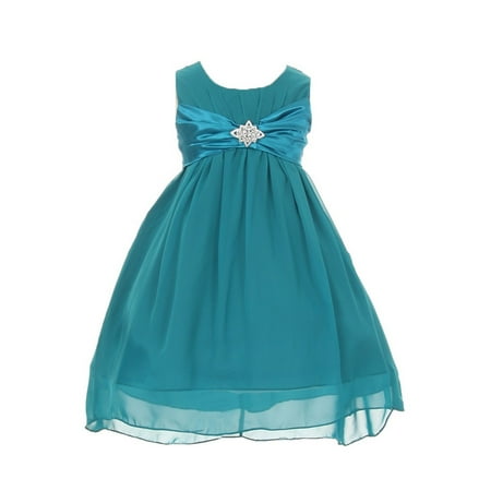 Brooches For Dresses - Girls Teal Chiffon Rhinestone Brooch Hi Lo Special Occasion Dress 8-14