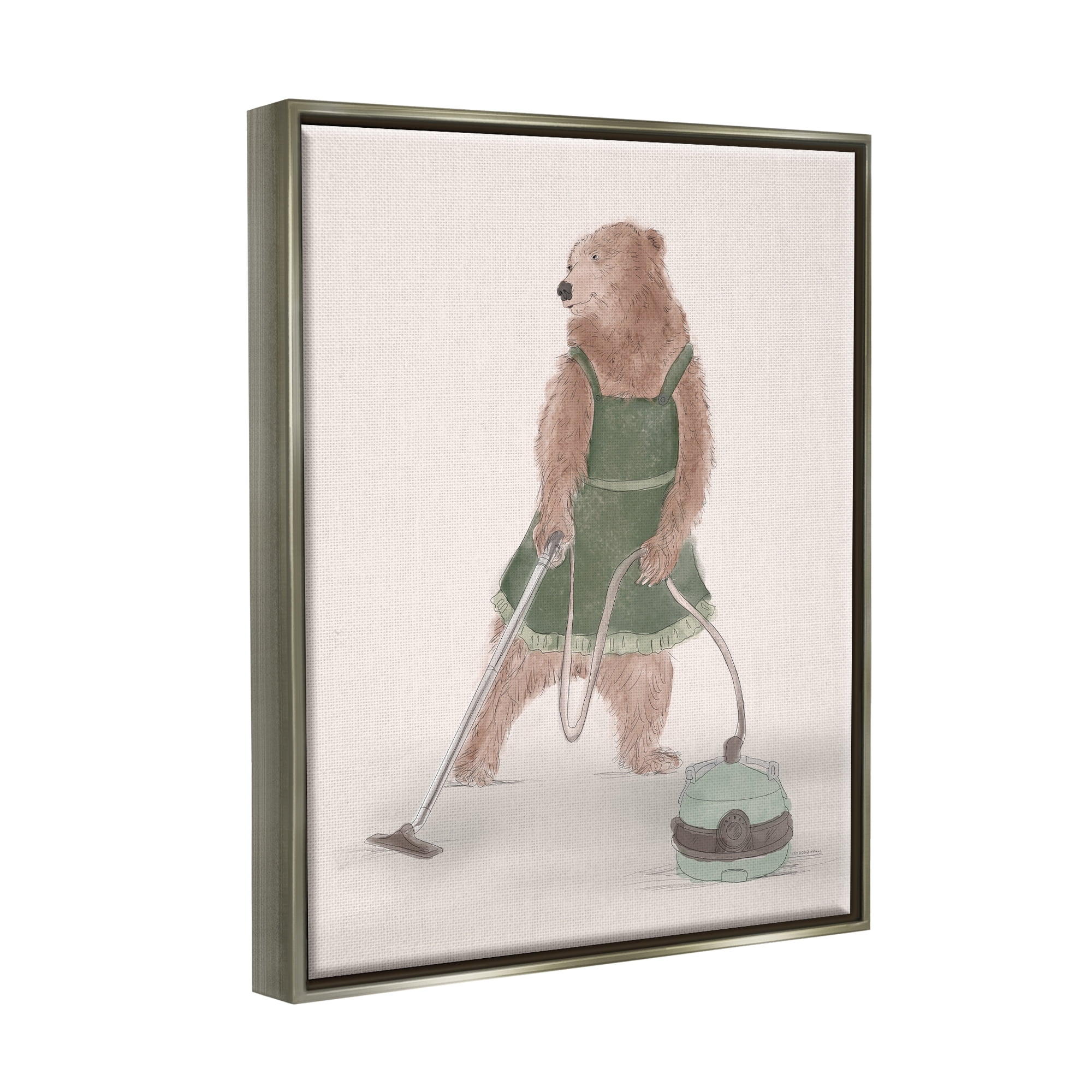 Stupell Industries Bear Vacuuming in Apron Animals & Insects Painting Gray Floater Framed Art Print Wall Art, 25 x 31