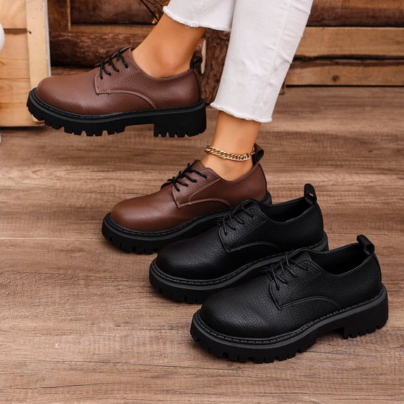 Women's Chunky Platform Loafers, Wide Width Lace-Up Casual Shoes for Women, Textured Leather Non-Slip Walking Shoes, Breathable Summer Flats
