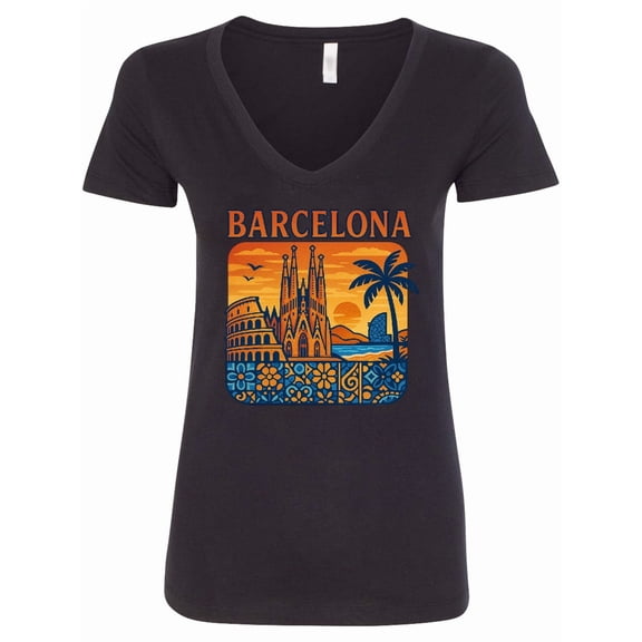 Inktastic Barcelona Cityscape Artwork Women's V-Neck T-Shirt