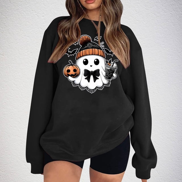 Amzcrzy Chandails en Molleton pour Femmes Halloween Chandail en Molleton Mode Imprimé Ample Manches Longues Blouse Col Rond Chandails en Molleton Sans Capuche Chandails en Molleton pour Femmes Chandails en Molleton et Chandails à Capuchon 2TG