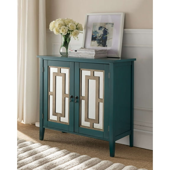 Kings Brand Furniture Sea Green Antique Accent Cabinet, Mirrored Doors, 2 Shelves