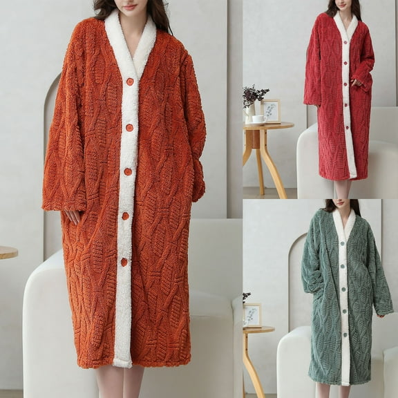 Meichang Winter Robe for Women Fleece Long Sleeve Button Down Bathrobe Soft Fuzzy Fluffy Cozy Warm Mid Length Loungewear Bath Robe with Pockets