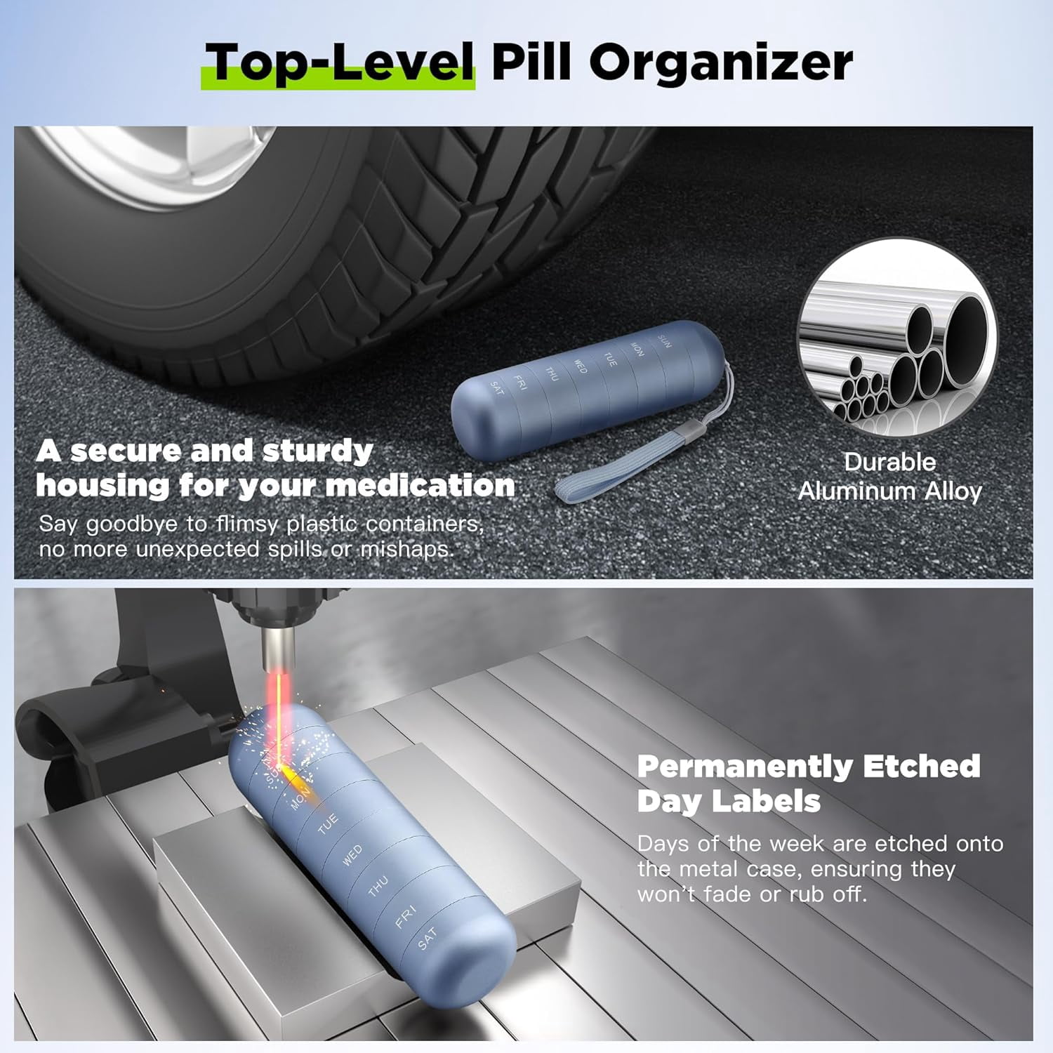 Metal Travel Pill Organizer, Portable Waterproof Weekly Pill Box, Large Aluminum Alloy Pill Case Container, 7 Day Daily Medicine Organizer Holder for Vitamin, Supplement