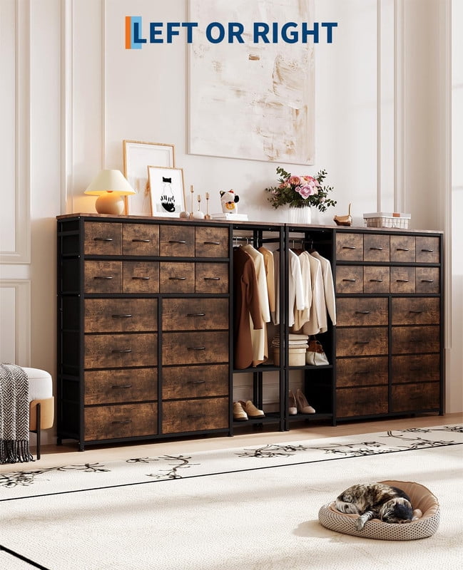 TROPOW Tall Dresser for Bedroom with 16 Drawers & Clothes Rack & 2 Storage Shelves, Fabric Dressers & Chests of Drawers, Large Closet Dresser for Storage and Organization